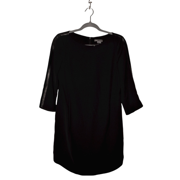 VINCE $398 Leather Trim Bracelet Sleeve Shift Dress in Black Size 4‎ - Picture 1 of 4